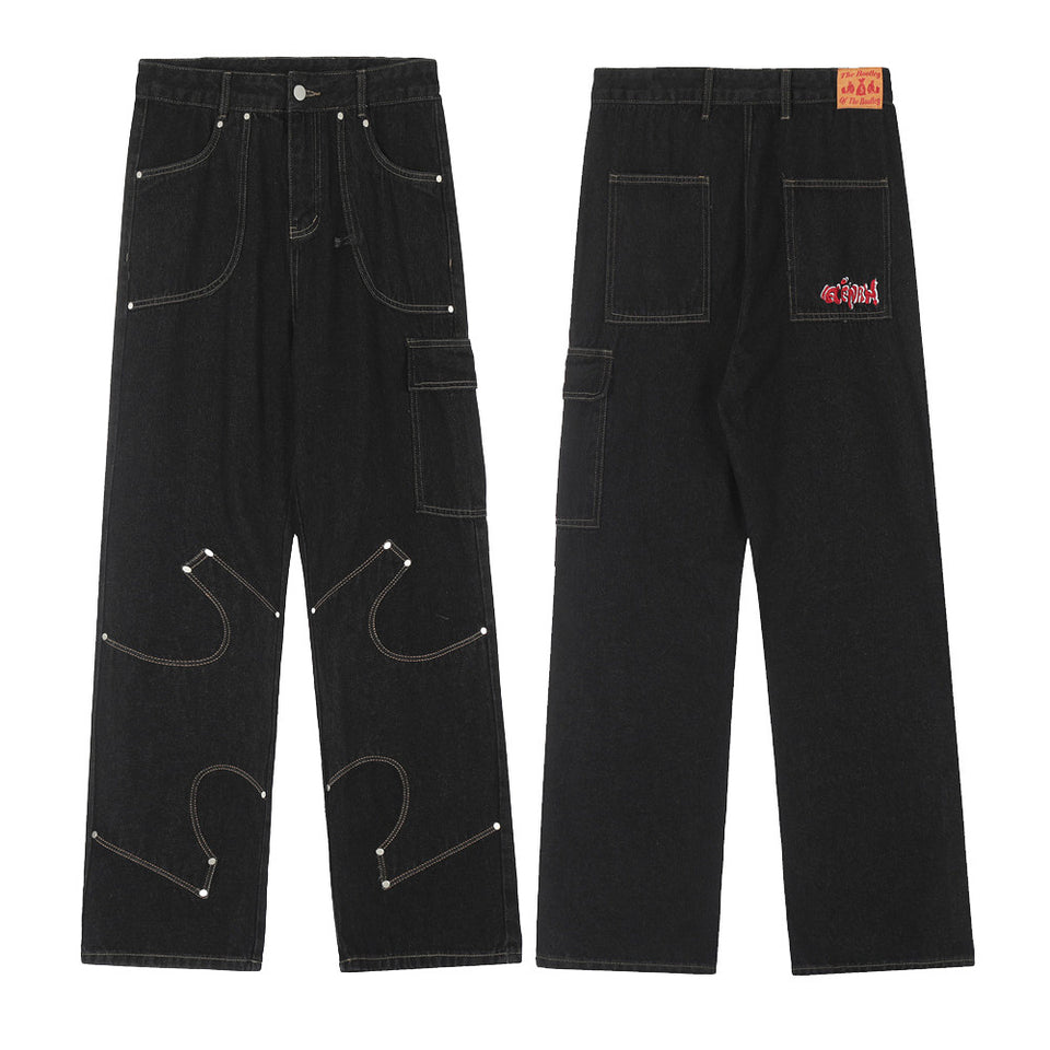 Irregular Stitching Denim Trousers For Men